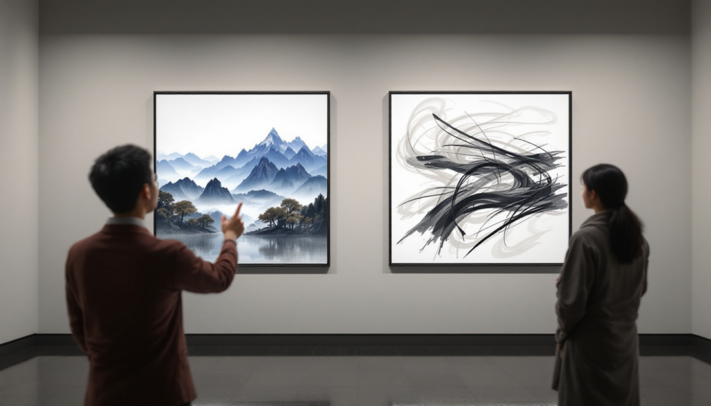 미술 작품을 감상하는 관람객 모습