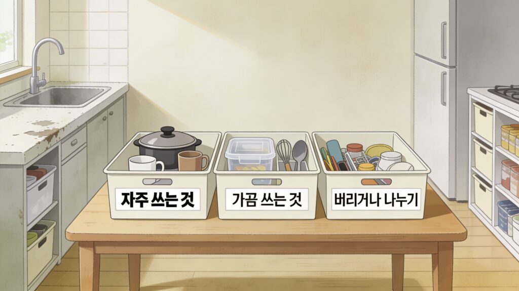 3박스 시스템으로 주방 물건을 분류하는 모습