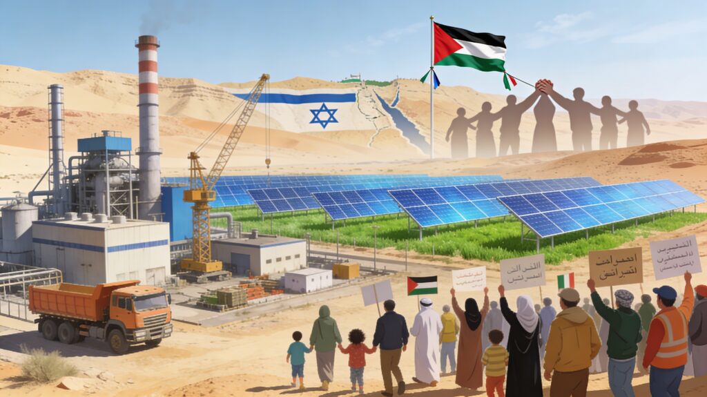 산업지대와 평화적 시위를 동시에 보여주며 배경에 비공식적 협력이 있는 장면