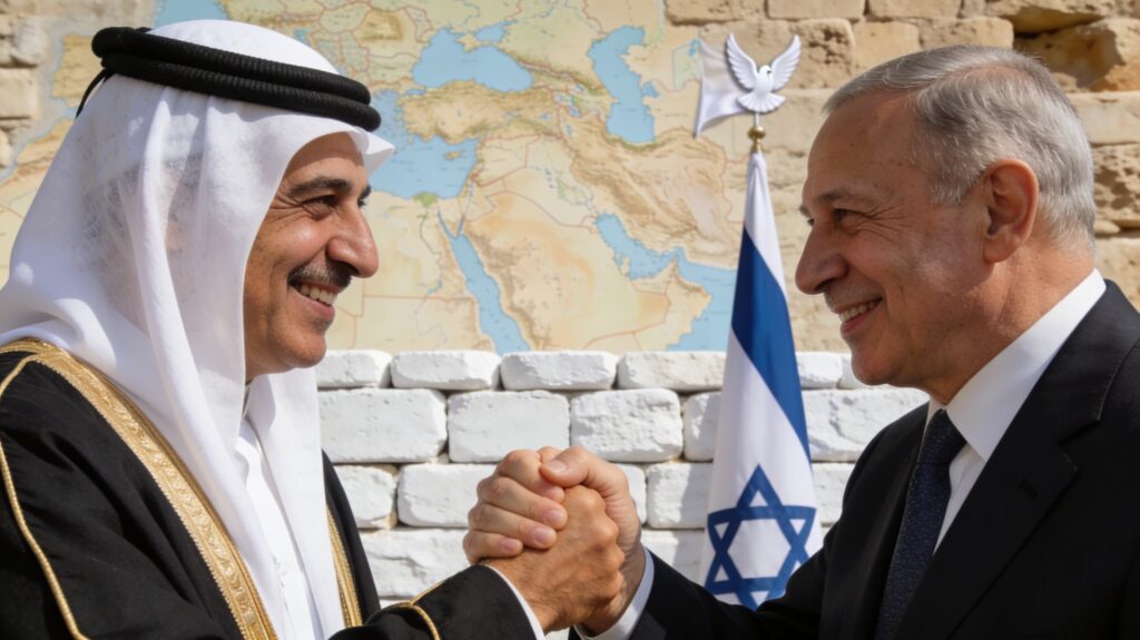 수리된 돌담 앞에서 악수를 통해 화해를 상징하는 중동 지역 지도자들의 클로즈업 실사 이미지