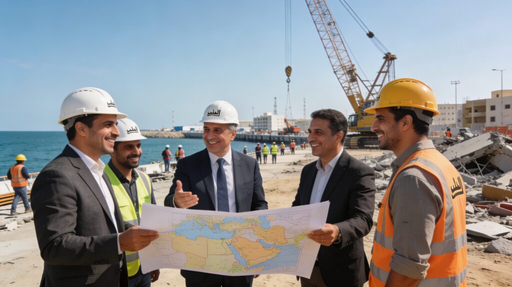 해안 재건 현장을 둘러보며 청사진을 점검하는 중동 정책자와 엔지니어들의 희망적인 실사 이미지