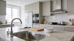 주방 조리도구들이 깔끔하게 정돈된 현대적이고 깨끗한 주방 모습