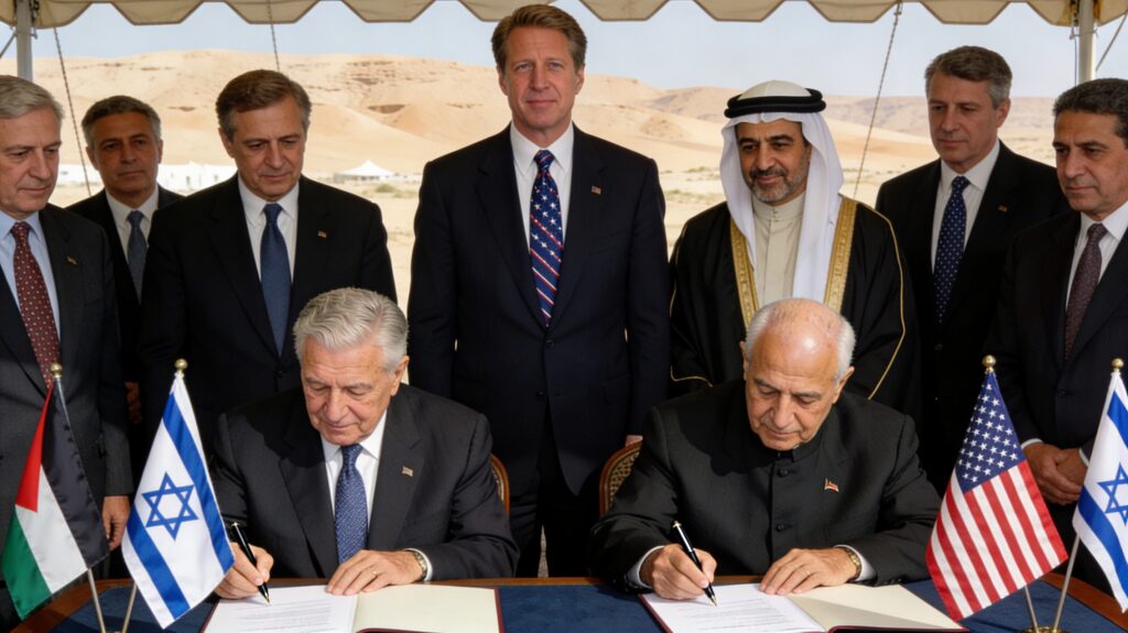 평화조약 서명 장면에서 서명하는 외교관과 증인의 모습