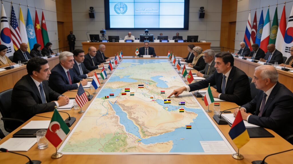 국제 회의실에서 중동 지도를 놓고 논의하는 외교관들의 실사 이미지